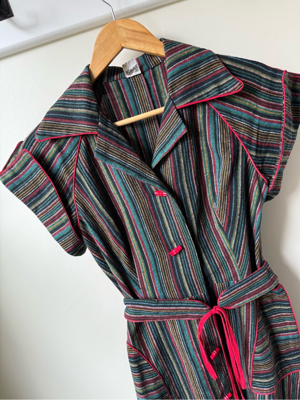 VINTAGE Striped Shirtdress Woven Midi Dress Rockabilly Pin Up Rainbow MCM 40 L - Picture 2 of 8